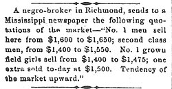 Market update, published on the eve of the American Civil War: Here the sell-side (Virginia) prepares the buy-side (Mississippi) for expected prices in the 1860–61 slave-trading season (The Wheeling Daily Intelligencer, August 11, 1860).