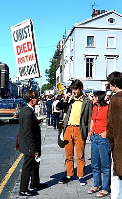A Christian proselytizer trying to spread his faith in London, England, 1970