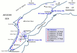 Map of Turkish forces at Gallipoli, April 1915: Bulair top right