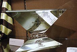 Photo of Seattle Slew's "Triple Crown Trophy" on loan during a traveling display at Pimlico Race Course