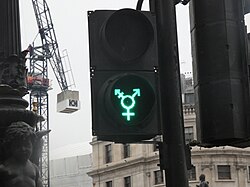 A pedestrian traffic light in Trafalgar Square, London with the ⚧ symbol, installed for the 2016 Pride in London