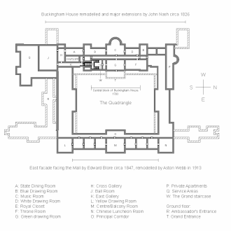 Piano nobile of Buckingham Palace. The areas defined by shaded walls represent lower minor wings. Note: this is an unscaled sketch plan for reference only. Proportions of some rooms may differ slightly in reality.