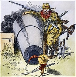 1903 cartoon: "Go Away, Little Man, and Don't Bother Me". President Theodore Roosevelt intimidating Colombia to acquire the Panama Canal Zone.