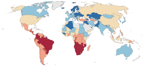 World map of Gini coefficients (as a %), 2022, according to the Poverty and Inequality Platform (PIP)[1] <30 30-35 35-40 40-45 45-50 50+