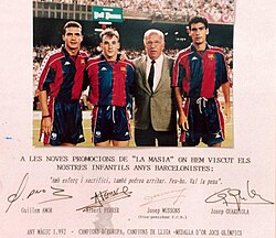 Guillermo Amor, Albert Ferrer, Josep Mussons (Barça Vice-president) and Pep Guardiola. This photo was displayed for many years at the entrance of La Masia dining room. Their signature, in Catalan language, encourages future young Barça players by saying "With effort and sacrifice, you can also make it. Just do it, it is worth it!".