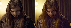 Moretz wore minimal prosthetic blood applied to her face for reference (left); visual effects artists later rendered the gradual release of blood in post-production (right).
