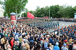 People in Donetsk celebrate the Soviet victory over Nazi Germany on 9 May 2018.