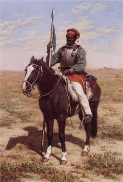 One of the "Lanceiros Negros [pt]" ("Black Lancers"), a formation of former and freed slaves, which served the Riograndense Republic as lancers.[7]