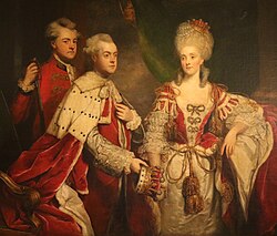 An earl, wearing crimson robe and surcoat over court dress and holding his coronet, and countess, wearing crimson robe and kirtle over a court dress and wearing her coronet (1780). From a portrait of George, 2nd Earl Harcourt by Sir Joshua Reynolds.