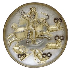 Plate of a Sasanian king hunting rams, perhaps Kavad I (r. 488–496, 498–531)