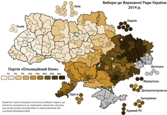 Opposition Bloc support (% of the votes cast) by district.