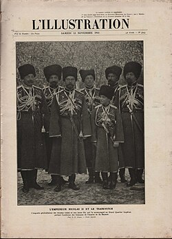 Emperor Nicholas II and his son Alexei wearing Kuban Cossack uniforms, including the cherkesska