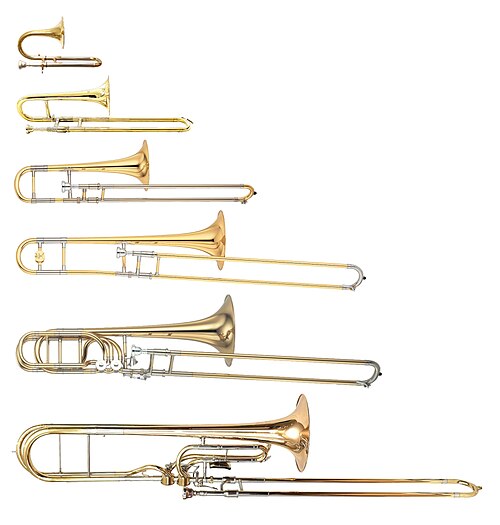 Trombones (top to bottom): piccolo in B♭, soprano in B♭, alto in E♭, tenor in B♭, bass in B♭ with F and G♭ valves, contrabass in F with D and B♭ valves.
