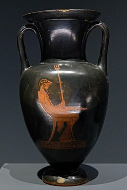 Libation scene: Poseidon seated on a chair, wearing a chiton and a himation, holding a trident and a phiale.450-440 BC red-figure Attic amphora.Louvre
