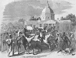 Wood-engraving depicting the massacre of officers by insurgent cavalry at Delhi. Illustrated London News, 1857. St. James' Church, Delhi is seen in the background.