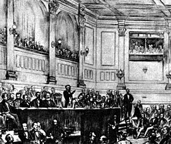 Depiction of the IWA's founding meeting at St Martin's Hall in London, 1864