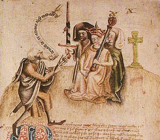Alexander III at his coronation aged eight at Scone Abbey in 1249, being greeted by the royal poet who will recite the king's genealogy