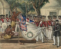 Hindu priests garlanding the colours of the 35th Bengal Light Infantry at a Presentation of Colours ceremony, c. 1847