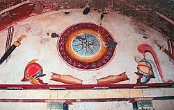 Paintings of Hellenistic-era military arms and armor from a tomb in ancient Mieza (modern-day Lefkadia), Imathia, Central Macedonia, Greece, 2nd century BC
