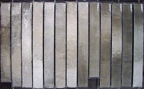 Sediment core, taken with a gravity corer by the research vessel RV Polarstern in the South Atlantic; light/dark-coloured changes are due to climate cycles of the Quaternary; basis age of the core is about one million years (length of each segment is one metre).[66]