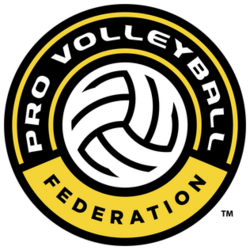 A depiction of a volleyball, surrounded by the words "Pro Volleyball Federation" on a yellow and black circular badge.