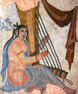 Sasanian-era floor pavement marble mosaic representing female dancers, Shapur palace, Bishapur, Iran, c. 260 AD.