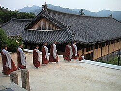 Korean Buddhist monks going down to their rooms after evening prayers at Haeinsa