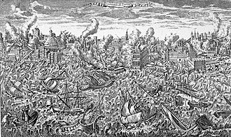 1755 copper engraving depicting Lisbon in ruins and in flames after the 1755 Lisbon earthquake. A tsunami overwhelms the ships in the harbor.