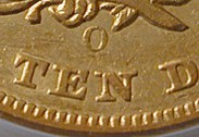 A close-up of the "O" mint mark on a New Orleans $10 gold piece