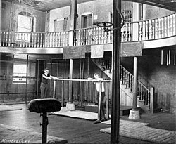 The gymnasium where basketball was invented in the School for Christian Workers (now Springfield College), c. 1887
