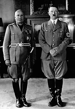 Nazi Germany began the devastating Second World War in Europe by its leader, Adolf Hitler. Here Hitler, on the right, with his closest ally, the Italian dictator Benito Mussolini, in 1940.