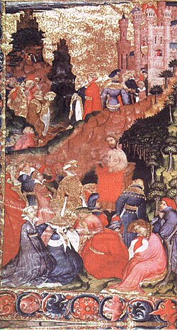 Chaucer reciting Troilus and Criseyde: early-15th-century manuscript of the work at Corpus Christi College, Cambridge