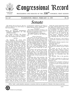 A page from the February 12, 1999, edition of the Congressional Record, published during the impeachment trial of former President Bill Clinton1999 Congressional Record, Vol. 145, Page S1457