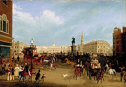 A painting by James Pollard showing Trafalgar Square before the erection of Nelson's Column