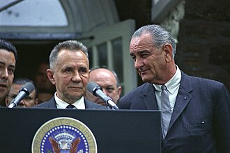 Soviet Premier Alexei Kosygin with US President Lyndon B. Johnson at the 1967 Glassboro Summit Conference