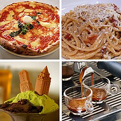 Clockwise from top left: Neapolitan pizza, carbonara, espresso, and gelato