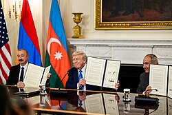 President Ilham Aliyev, US President Donald Trump and Armenian Prime Minister Nikol Pashinyan signing a trilateral joint declaration in Washington, D.C., 8 August 2025