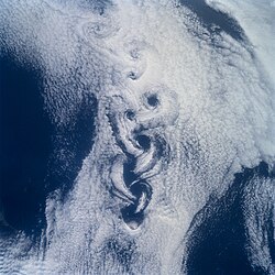 Von Kármán vortices off the coast of Rishiri Island[29]