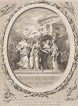 Allegory of the Peace of Paris, entitled Paix rendue à l'Europe. On the right, the figure of Peace hands olive branches to personifications of the party countries