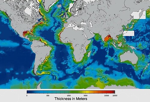 Thickness of marine sediments The sediments sit on top of the ocean crust, and are thick (green and yellow) along the continental shelves and down the continental slopes. They are at their thinnest (dark blue) near and along the mid-ocean ridge.