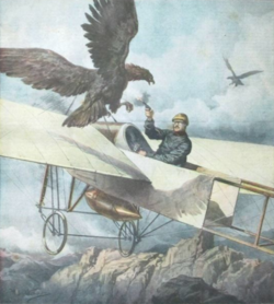 A painting depicting Eugène Gilbert in a Bleriot XI being attacked by an eagle over the Pyrenees in 1911