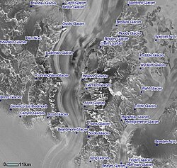 NASA Radarsat Image of the Beardmore Glacier showing glacier names