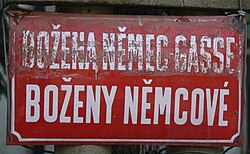 A street sign in German (top) and Czech (bottom) for a street named after Božena Němcová with her name declined in the genitive case in Czech (a sign probably from the time of the Protectorate)