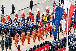 Elizabeth's coffin on the State Gun Carriage of the Royal Navy, during the procession to Wellington Arch