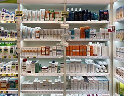 Skin care cosmetics for sale as products at a pharmacy in Brazil