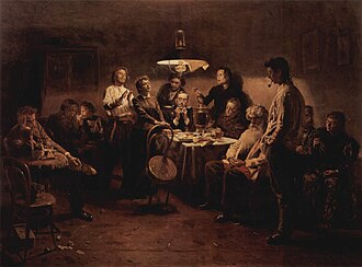 "Evening Company" by Vladimir Makovsky (1897). Three generations of Russian intelligentsia discuss current issues.[1]