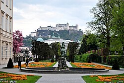 Gardens in Mirabell Palace, with Hohensalzburg Fortress in the distance