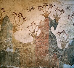 Minoan fresco of swallows in springtime at Akrotiri, c. 1500 BC