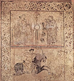 Musicians and hunting cavalier, circa 730 CE. Floor fresco from Hisham's Qasr al-Hayr al-Gharbi, Syria. National Museum, Damascus.[169]