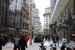 Near the corner of Florida street and the Diagonal Norte thoroughfare, featuring several styles of architecture.